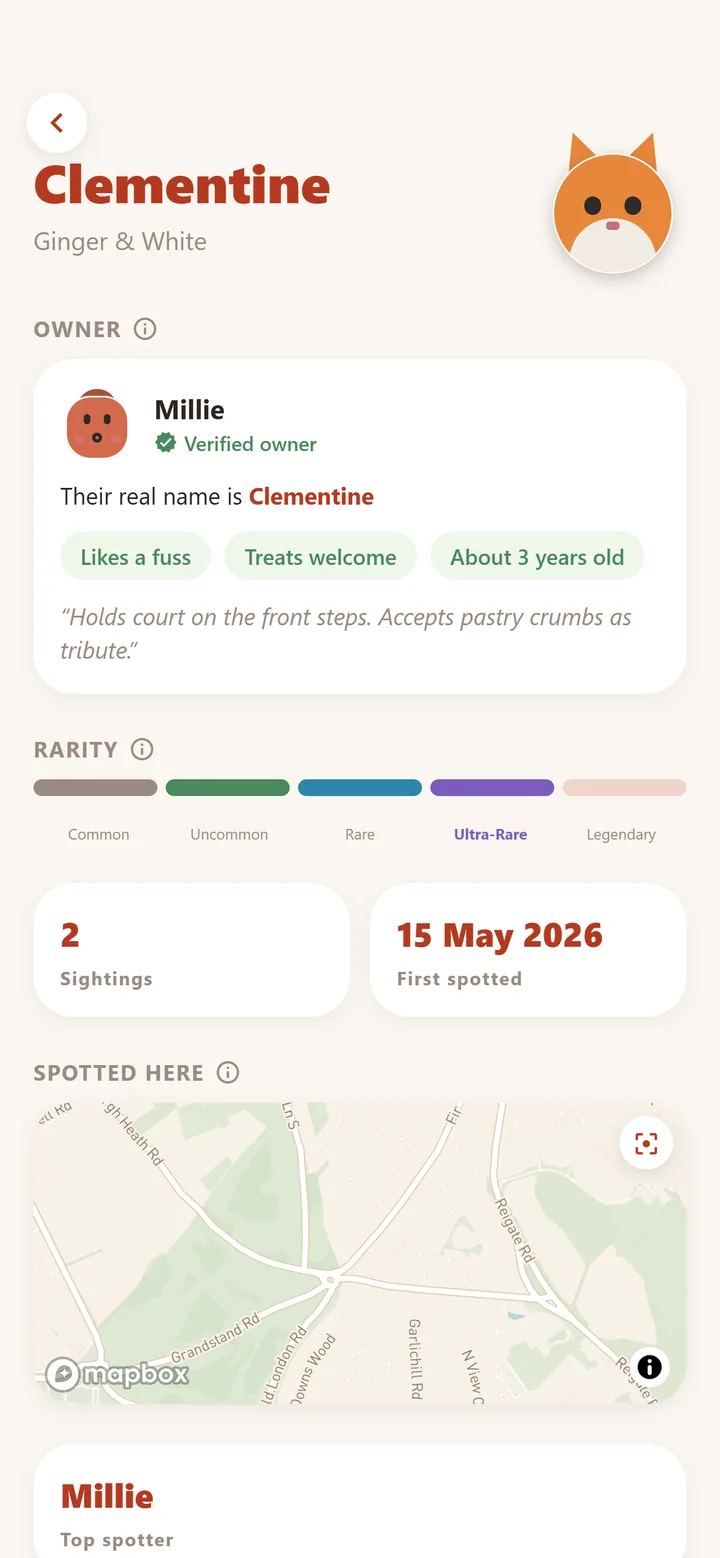 Clementine's page: a verified owner card reading βHolds court on the front stepsβ, an Ultra-Rare rarity meter, two sightings, and a map of where she has been seen.