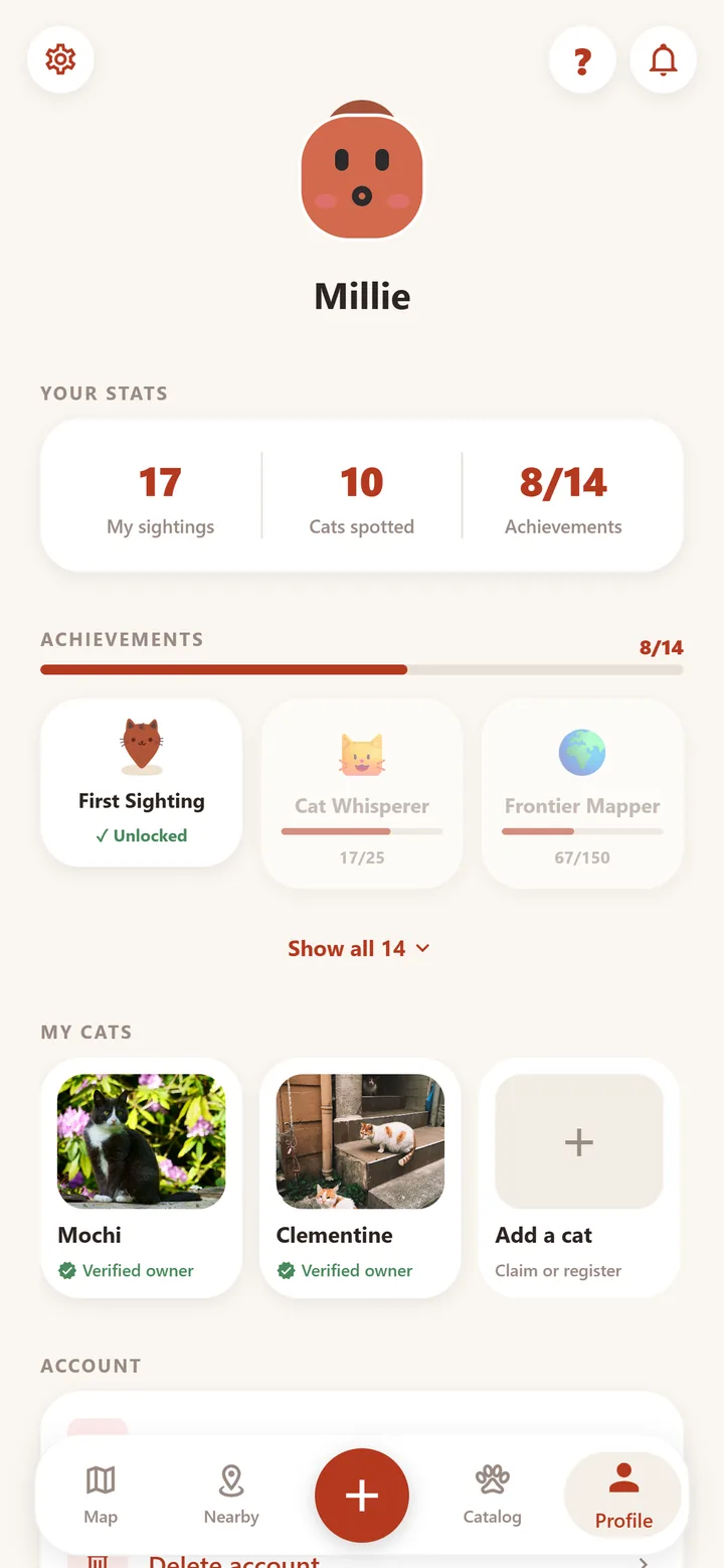 A spotter's profile: 17 sightings, 10 cats spotted, 8 of 14 achievements unlocked, and the two cats they have claimed as their own.